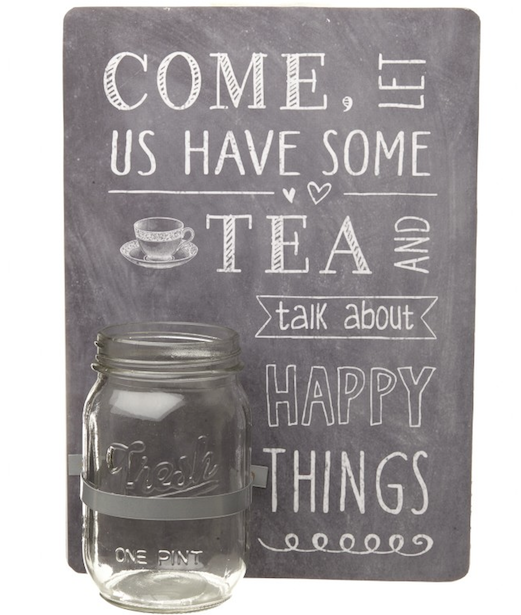 Vintage Distressed Wood Sign in rustic Chalkboard Look with Mason Jam Jar Glass Storage for Tea Bags