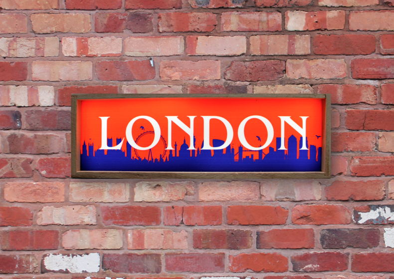 London Skyline Wall Lightbox Sign LED Light Object Symbol Wooden Box Illuminated Leuchtobjekt Vintage Display 
